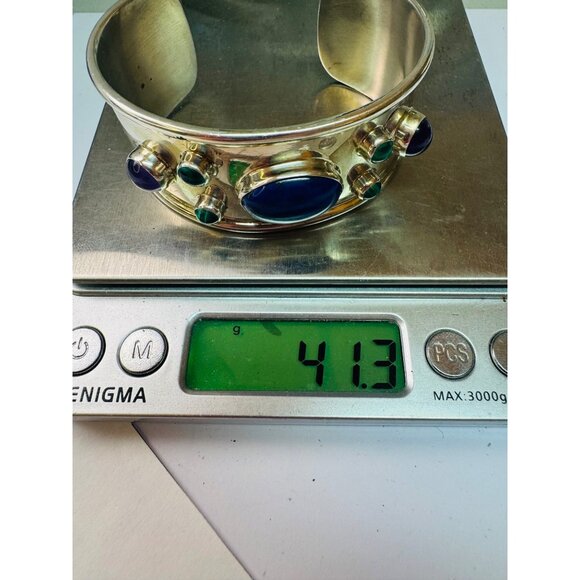 Vintage Estate Sterling Silver 925 Wide Cuff Bracelet w/ Lapis & Malachite 41g - Picture 13 of 13